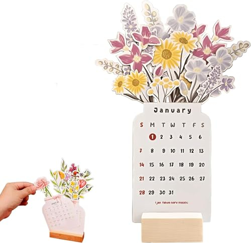 Schreibtischkalender Tischkalender 2024 Bloomy Flowers Blumen Stehkalender mit Blühend Blumen Kreativ Vasenform 3D Mini Kalender 2024 Neujahrs-Monatskalender Planer Büro Heim Deko Geschenk (B)