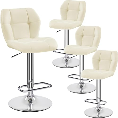 Yaheetech Barhocker 4er Set Höhenverstellbar 360°Drehbar Barstühle Küchenstühle mit Rückenlehne und Fußstütze, Barstuhl PU-Kunstleder Sitzhöhe 62,5 cm - 84,5 cm für die Küche, Beige