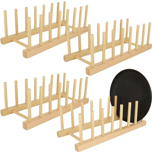 DAJAVE 4 Pcs Wooden Plate Rack Holder for Kitchen Cupboard Plate Storage Rack Wooden Chopping Board Stand Rack for Plates, Cup, Pot Lid, Cutting Board (7 slots)