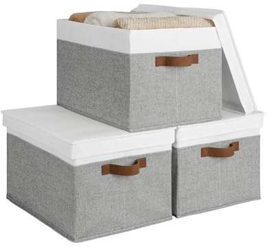 StorageWorks Große Aufbewahrungskörbe mit Deckel, faltbare dekorative Aufbewahrungsboxen, Stoff-Aufbewahrungskorb mit PU-Griffen, Grau und Weiß, Jumbo, 3er-Pack