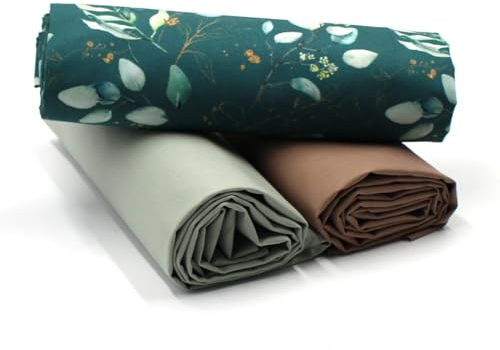 VmG-Store 1,5m Baumwollstoff Set Designstoff + 2x Uni farblich abgestimmt 100% Baumwolle Material Auswahl (Eukalyptus Dunkelgrün Set07)
