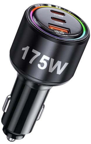 175W USB C Car Charger, 3-Port PD 100W Car Adapter Multi PD3.0/QC4.0/PPS Fast Charging Cigarette Lighter 12V Socket for iPhone 16 15 14 Pro Max, Samsung Galaxy S25/S24/S23, Google Pixel 9/8 Phone