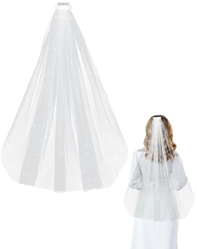 YOCDNOV 1pcs Hochzeit Brautschleier Weiß Perlen - Schleier mit Kamm Tüll Braut Schleier Langer Hochzeitsschleier Glitzernder Schleier Braut für Bräute Blumen Frauen Dekorationen(80-100cm)