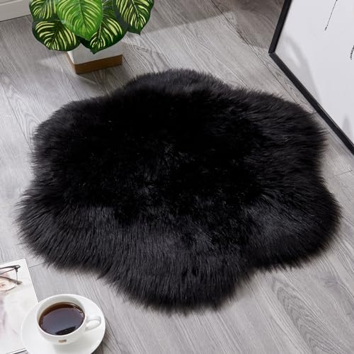 YUGWNN Schwarz Fellteppich Kunstfell Teppich Bettvorleger Fell,Schafsfell Fell füR StüHle,BlüTendurchmesser 60cm/23.6in