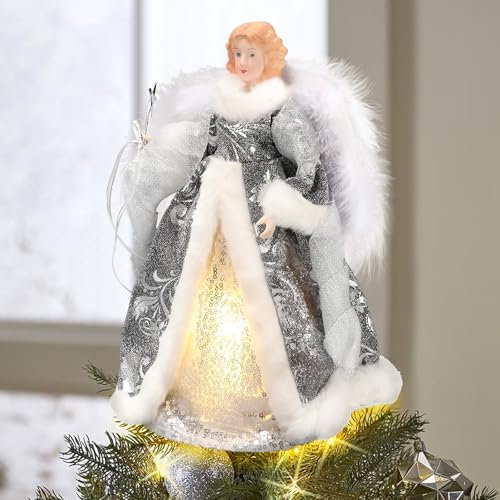 Longzhuo Angel Christmas Tree Topper - Fibre Optic Angel Decoration with Feather Wings, Light Up Xmas Topper, 30cm/11.8in (Silver-Warm Light)