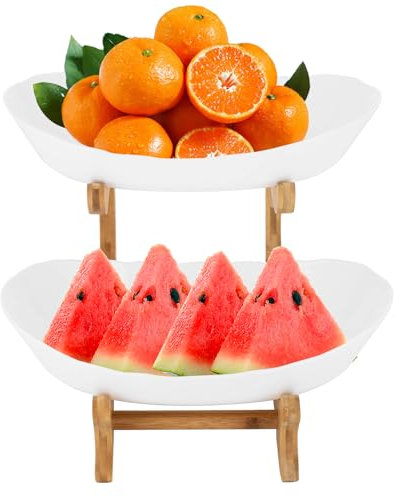 JUDEMII Frutero de cerámica, 2 pisos, porcelana con soporte de bambú natural, para cenas, mesas de comedor, bodas, fiestas de cumpleaños, aperitivos (blanco)