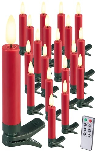 Lunartec Baumkerzen: 20er-Set LED-Weihnachtsbaumkerzen mit Dochten und Flammen-Effekt, rot (LED Weihnachts Kerzen, Christbaumkerzen, 3D)