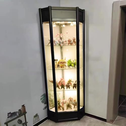 WWERTYY Schwarze Eckvitrine für Sammlerstücke, abschließbare Vitrine mit Figuren, Wein- und Porzellanfiguren, Glasvitrinen mit Beleuchtung, große Trophäenvitrine (180 x 40 x 40 cm)