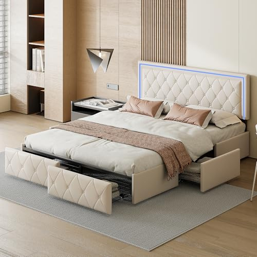 DULRLLY Polsterbett 160x200 cm mit LED-Kopfteil und 4 Schubladen, Doppelbett, Jugendbett, Lattenrost aus Holz, Verstellbarem Kopfteil, Ohne Matratze, PU, Weiß