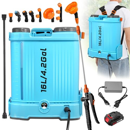 Bellanny Akku Drucksprüher 16L | 21V 100PSI Gartenspritze Sprühgerät | Elektrischer Pflanzensprüher Sprinkler | Kompatibel mit 18V Batterie, 6 Nebeldüsen,Ladegerät, Teleskopstab, Schultergurt