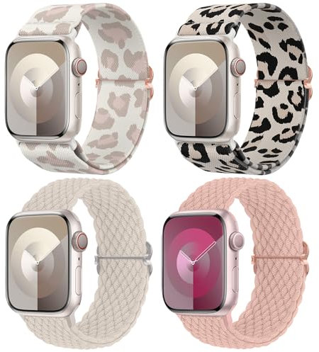 Delidigi 4 Stück Geflochtenes Armband Kompatibel mit Apple Watch 38mm 40mm 41mm 42mm 44mm 45mm 46mm 49mm, Verstellbar Elastisches Nylon Armband für iWatch Ultra 2, SE, Series 10 9 8 7 6 5 4 3 2 1