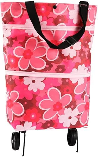 Klappbare Einkaufstasche mit Rädern, zusammenklappbaren Trolley-Taschen, Wiederverwendbare Multifunktions-Einkaufsbeutel, zum Einkaufen, Supermärkte, Reisen, rosa Blumen