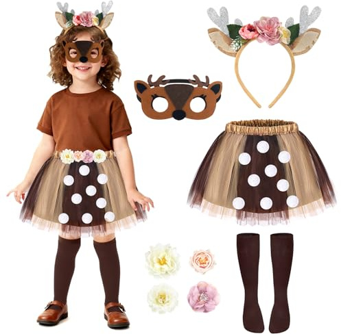 Beipegin Costume Renna Bambina Gonna Tutu Fiori Cerchietto Renna Maschera Vestiti Natalizi Costume Animali Carnevale Halloween Cosplay