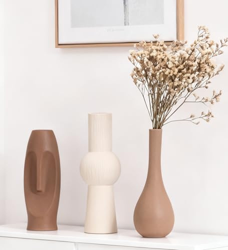 VASETOPIA Keramik Vasen 3 Stück, Minimalismus Stil Blumenvasen Home Decor für Wohnzimmer, Pampas Grass, Tisch (13 Dunkelbraun/Braun/Beige)