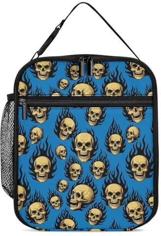 SMAZDFXX Bolsa térmica para el almuerzo con diseño de calaveras de fuego azul, portátil y a prueba de fugas, ideal para la oficina, camping, senderismo, actividades al aire libre, playa y picnic.