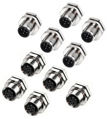 Eonvic M12 5-poliger Stecker + Buchse, A-Code, Luftfahrt-Panel, Rückmontage, 12 mm, industrieller Rundstecker, IP67, wasserdicht, für Sensoren, SPS und Automatisierungsausrüstung, 5 Sets