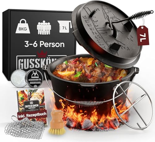 GUSSKÖNIG Essential Line Dutch Oven Set[für 3–6 Person]–5,5L Topf & 1,5L Deckel, eingebrannter Feuertopf ohne Füßen, inkl. Deckelheber, Ringreiniger, Pflegepaste, Bürste & Rezeptbuch–30 Jahre Garantie