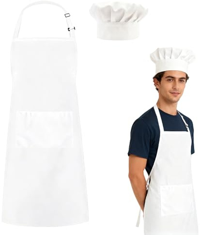 HX-pyahgtv Kochmütze Schürze Set, Verstellbare Latzschürze Kochschürze Männer Frauen, Latzschürze mit Tasche, Weiß Kochmütze Atmungsaktive für Küche, Restaurant, Café, Hause, Backen, BBQ