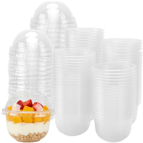 CHEUNGR 100PCS Plastic Dessert Cups with Dome Lids, 250ml/8oz Round Parfait Cup Reusable Clear Cheesecake Pots for Desserts Ice Cream Pudding Mousse