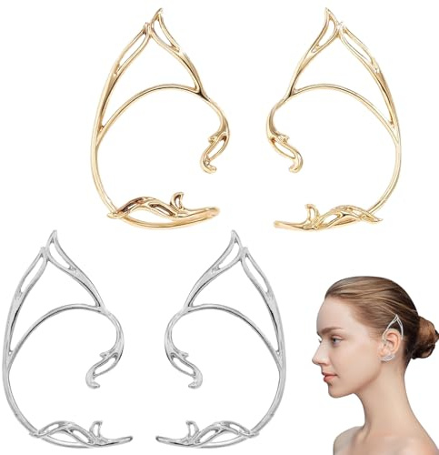 2 Paar Elfenohren Earcuffs Gold – Filigrane Elfen Ohrclips ohne Ohrlöcher, Elegante Elfenohren für Erwachsene & Damen, Fantasy Schmuck für Cosplay, Karneval Ostern