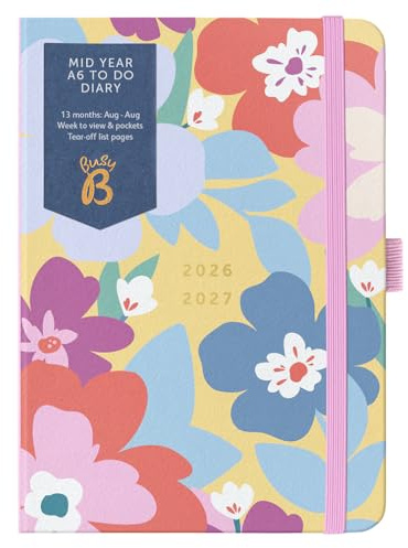 Busy B A6 Mid-Year Academic Diary Aug 2026-Aug 2027 - Floral Print | Week-to-view planner with to-do lists, notes pages, 3 pockets, pen loop, year planner & elastic closure.