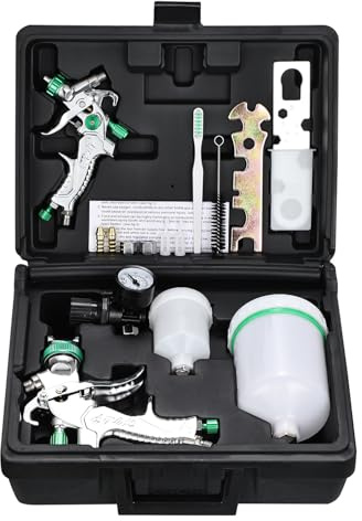 Hanured® Juego de Pistola de Pintura HVLP, 2 pulverizador de Pintura, Boquilla de 0.8 mm y 1.4 mm, Cubetas de 125 ml y 600 ml, Manómetro del regulador, para Pintura de Coche, imprimación