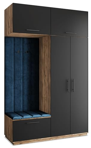 Masseno Flugarderoben Set Rema, Kleiderschrank-Set mit Sitzbank, Garderobenschrank Flur mit 5 Regalböden, Eiche Lefkas/Schwarz