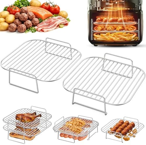 PETHREE Rejilla Freidora Aire, 2Pcs Accesorios Airfryer Apilable, Acero Inoxidable 304, Air Fryer Rack para Cosori 5,5/6/6,4L, Cecotec5,5/6/6,5/8/8,5L, Ninja 6,2L, Philips 6,2/7,2L XXL/7,3L XXL