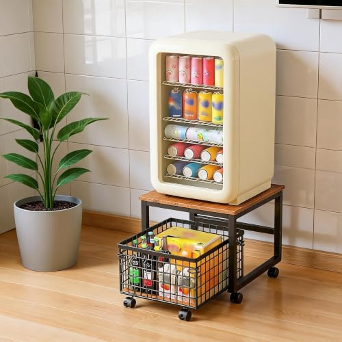GarveeMore Mini Fridge Stand with Storage, 50x50cm Heavy Duty Mini Refrigerator Stand Cart with Drawer Basket & Wheels, Mobile Fridge Table Cabinet Holds 95kg for Dorm, Office, Kitchen, Bedroom