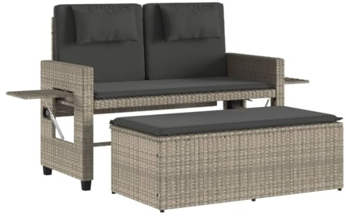 QJBSAVVA 2-in-1 Gartenbank verstellbar mit Hocker und Kissen Hellgrau Poly Rattan Gartensofa mit Schlaffunktion 2-Sitzer Gartenliege mit klappbaren Beistelltischen für Balkon und Terrasse