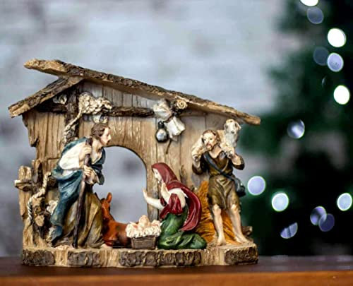 garden mile Grande 26cm Iluminación de Pilas Tradicional de Madera El Belén Escena con 9 Tallado a Mano Figuras y cálido Blanco Luces LED Navidad Fiesta Navidad Ventana O Mesa Adorno DECORACIÓN