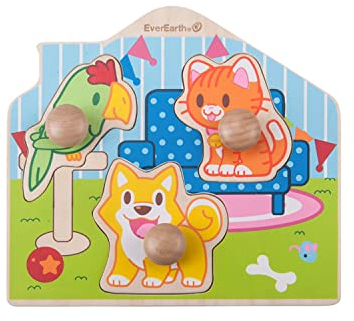 EverEarth Puzzle Haustiere aus nachhaltigem Holz – Buntes Lernspielzeug zur Förderung von Motorik und Tierkenntnissen – Umweltfreundliches Holzpuzzle für Kinder – EE33733