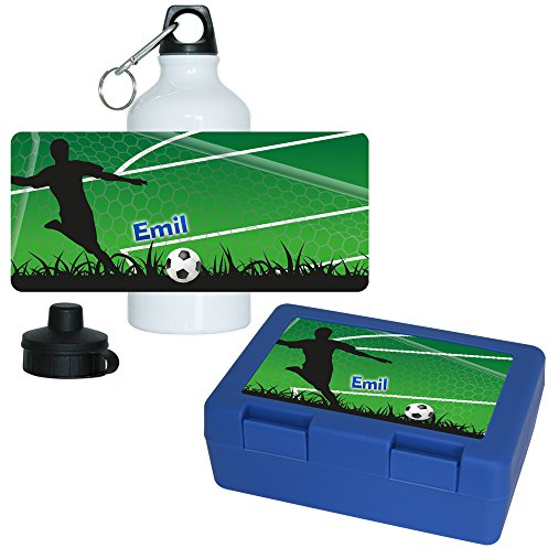 Eurofoto Brotdose + Trinkflasche Set mit Namen Emil und grünem Fußballer-Motiv für Jungs | Aluminium-Trinkflasche | Lunchbox | Vesper-Box