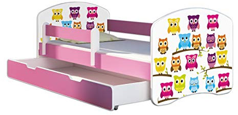 Kinderbett Jugendbett mit einer Schublade und Matratze Rausfallschutz Rosa 70 x 140 80 x 160 80 x 180 ACMA II (31 Eule, 70 x 140 cm + Bettkasten)