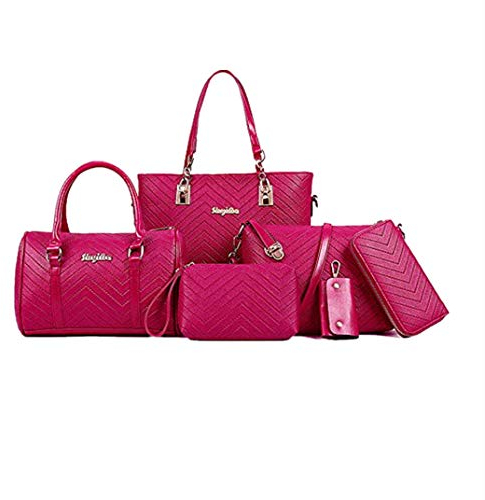 AlwaySky Damen Handtaschen Set 6 Stück PU-Leder Top Griff Tasche Frauen Shopper Geldbörse Umhängetasche, Rose