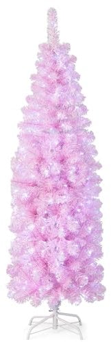 COSTWAY 5FT/6FT Pre-Lit Artificial Christmas Tree, Hinged Slim Pencil Xmas Tree with 343/475 Branch Tips and 190/250 Multi-Color LED Lights, Xmas Holiday Office Home Decor(6FT, Pink)