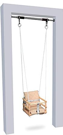 Holz Babyschaukel Kinderschaukel Holz Babywippe Zimmerschaukel Indoor Baby Schaukel Stoff Babysitz Baby Schaukel zum Aufhängen 4 in 1 Sicherheitsgurt + 2X Befestigungshaken (Natürliche&Beige)