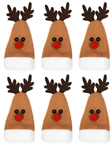 Amosfun 6pcs Mini Christmas Hat Christmas Reindeer Elk Decoration Lollipop Candy Cover Wine Bottle Cover Little Doll Crafts Decor