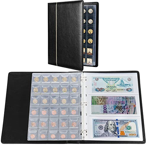 Kyrio Münzsammlung Album,150 Taschen Münzen 24 Stück Papiergeld-Aufbewahrungskoffer, Münzsammlung Halter für Sammelzubehör, Bills Pennies Quarters Stamp (Schwarz, Münzen und Banknoten)