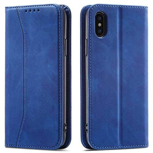 OKZone Kompatibel mit iPhone XS/iPhone X (5,8 Zoll) Hülle, Magnet Leder Tasche Handyhülle, Kartenfächer Schutzhülle, [Premium PU Leder] Flip Klappbare Stoßfeste Magnetische Standfunktion (Blau)