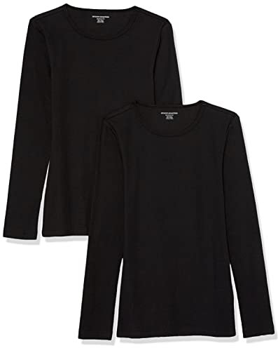 Amazon Essentials Women's Slim-Fit Long Sleeve Rib Knit Crew Neck Top (Available in Plus Size), Pack of 2, Black, S