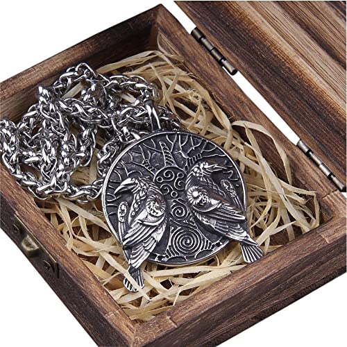 ZFSBRTL Wikinger Halskette Odin Raven Rabe Anhänger, Herren Silber Edelstahl Nordischen Mythologie Amulett Rune Keltischer Schmuck Geschenk 60Cm Kette mit Holzkiste