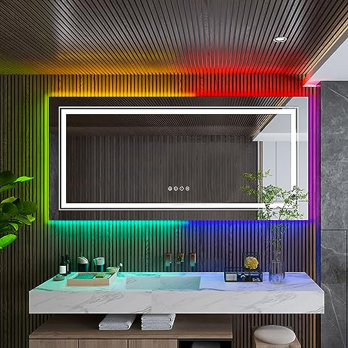 LUVODI Illuminated LED Bathroom Mirror: 1400x700mm Dimmable Rectangular Wall Vanity Mirror with 8 RGB Backlit 3 Front Light Color Changing Smart Anti-fog Touch Switch, Memory Function