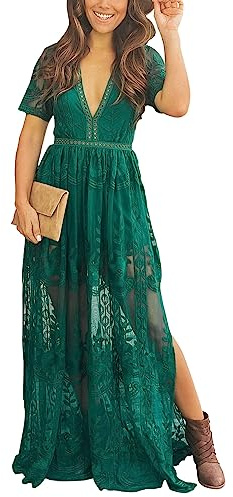 Eleter Women's Deep V-Neck Lace Romper Short Sleeve Long Dress, Green, L