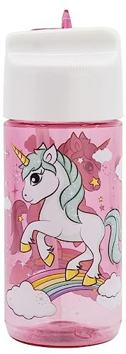 OM SUPPLIES Botella reutilizable de Tritan con personajes de unicornio, 430 ml, para vacaciones, regreso a clases, almuerzo, niños, sin BPA, plástico (unicornio)