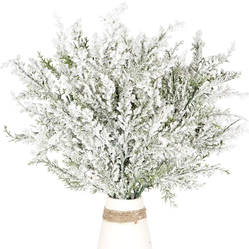 Kunjocy 6 Stück verschneite künstliche Tannennadeln, Zweige, 48 cm, künstliche Zedernzweige, mattierte Tannenzweige, künstliche Weihnachtszweige, künstliches Laub für Weihnachten, Zuhause, Garten,