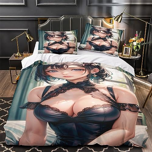 EKIDAZ AI Anime Girls 3D Drucken Bedding Sexy Bettwäsche Set Mit Motiv Mit Reißverschluss Und Kissenbezüge 3-teiliges Set Geeignet Für Jugendliche Und Erwachsene King（220x240cm）