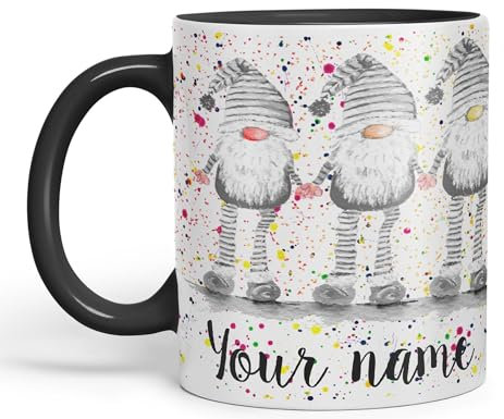 Vixar Personalised with Your Text Gonk Grey Rainbow noses Watercolour Art Coloured Ceramic Mug Cup Gift 330ml 11oz Custom Work Office Tea Coffee (Black)