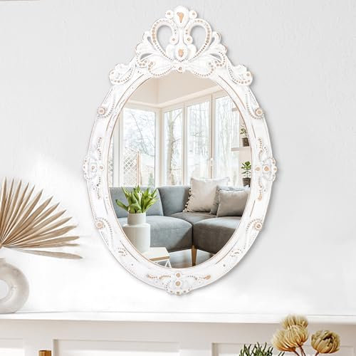 Lzuso Weißer ovaler Holzspiegel für die Wand, Vintage, gerahmt, zum Aufhängen, Schlafzimmer, Wandspiegel, rustikaler Badezimmerspiegel, Wandspiegel, dekorativ für Zuhause, Waschtisch, Wohnzimmer,