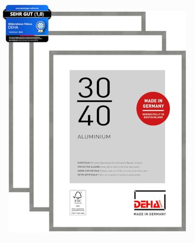 DEHA Design Aluminium Bilderrahmen Tribeca, 30 x 40 cm 2er Set, Grau | Aluminium Fotorahmen im Hoch- & Querformat zum Aufhängen Grau gebürstet bruchsicheres Kunstglas